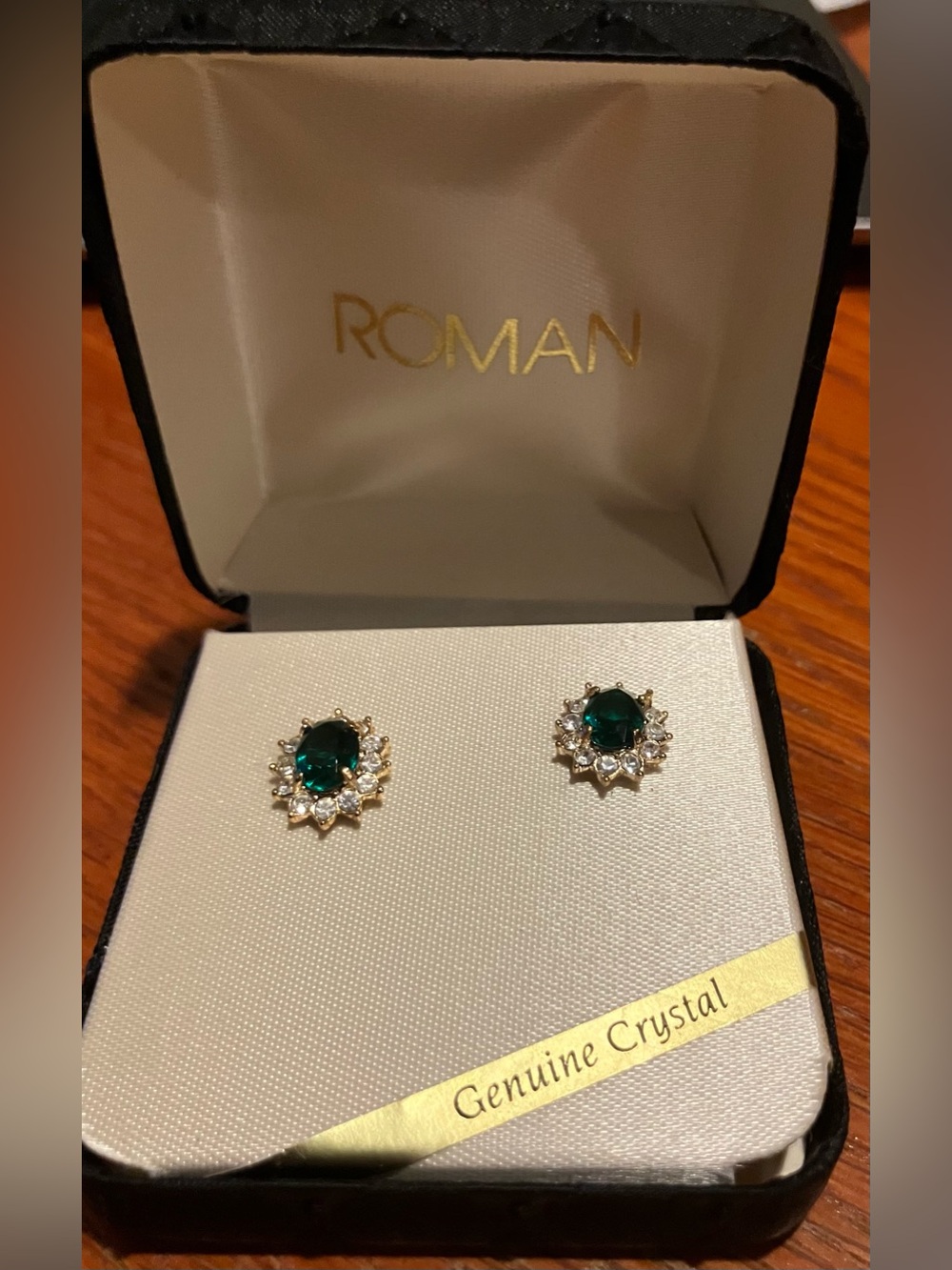 NEW Roman Gold-Tone Emerald Green Crystal Halo Stud Earrings Vintage
